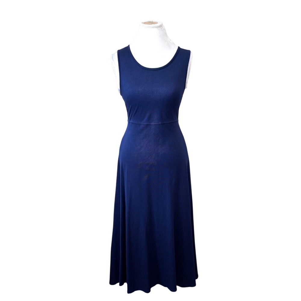 Moda Intl 100% Silk Knit Midi Dress Medium Navy Vintage Empire Waist Old Money